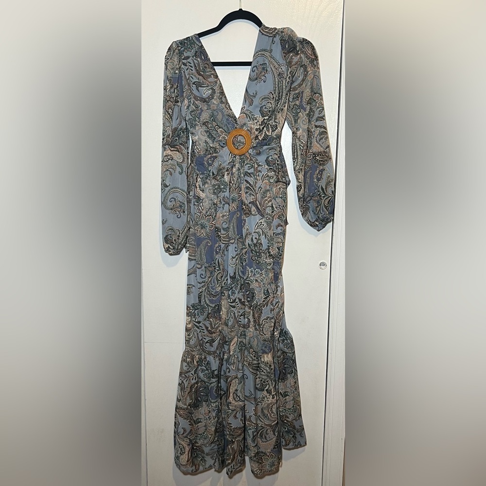 Jessica Simpson Women's Paisley V-Neck Slit Midi Dress Ruffled, Pleated, Tie-up